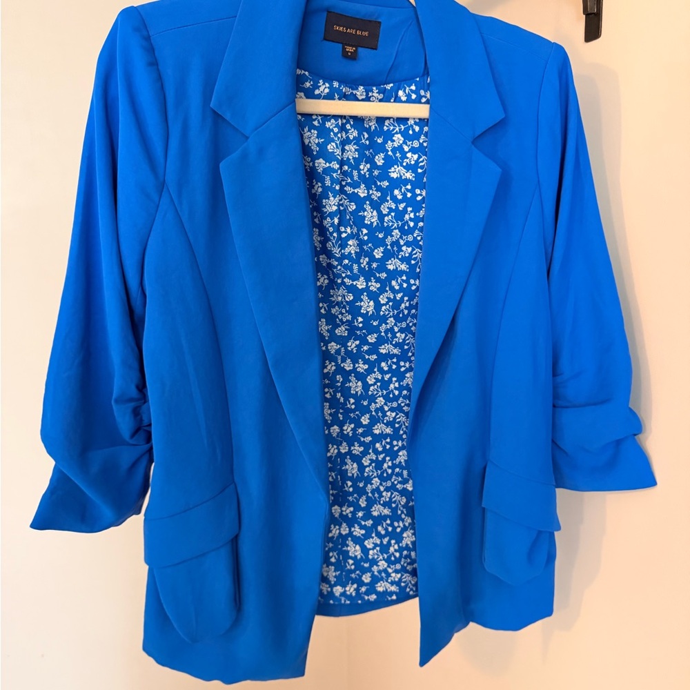 Skies Are Blue Bright Blue Women's Blazer with Floral Lining